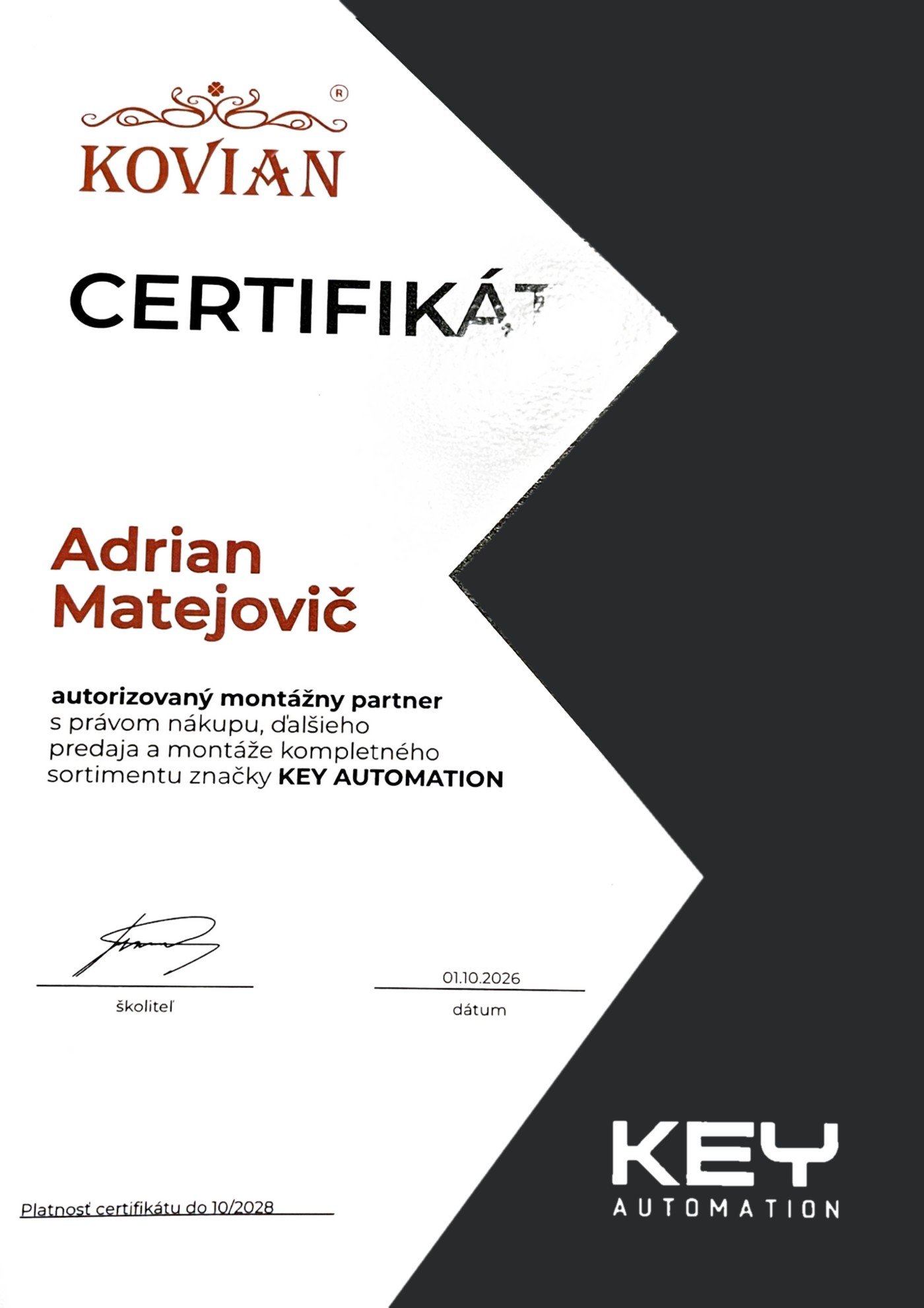 Certifikát autorizovaného montážneho partnera KEY Automation